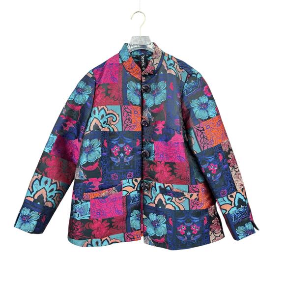 Berek Multicolored Satin Patchwork Jacquard Floral Print Collared Jacket - Picture 6 of 13